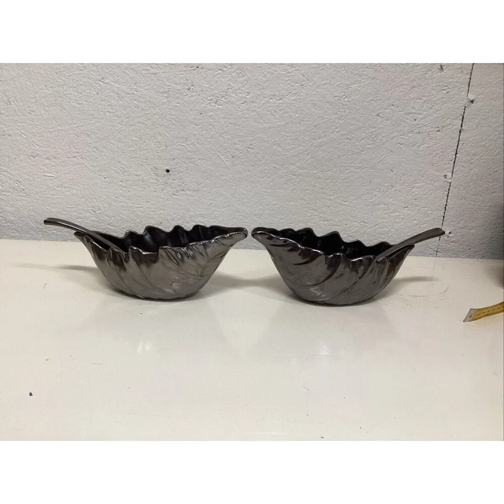 pottery barn metallic leaf bowl w/ladle dish large ceramic set of 2